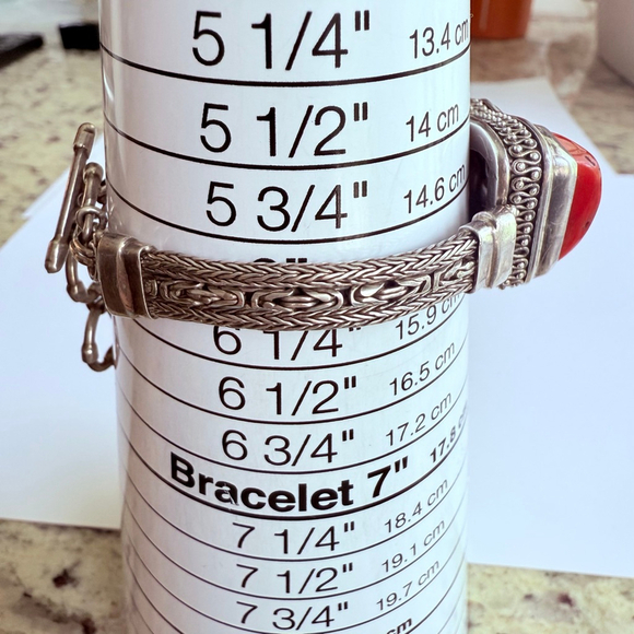 Sarda 30 CT Red Coral Bali 925 Sterling Silver 7.5mm Triple Chain Bracelet - Picture 8 of 12